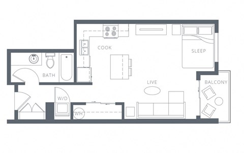 Floor plan for studio, 1 bath, 490 sqft